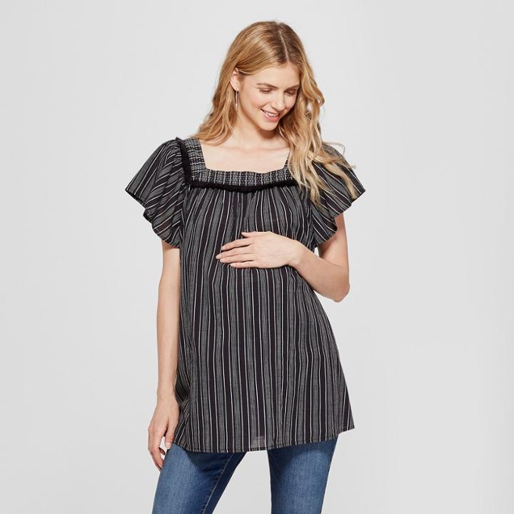 Maternity Vertical Striped Short Sleeve Square Neck Woven Top - Isabel Maternity By Ingrid & Isabel Black