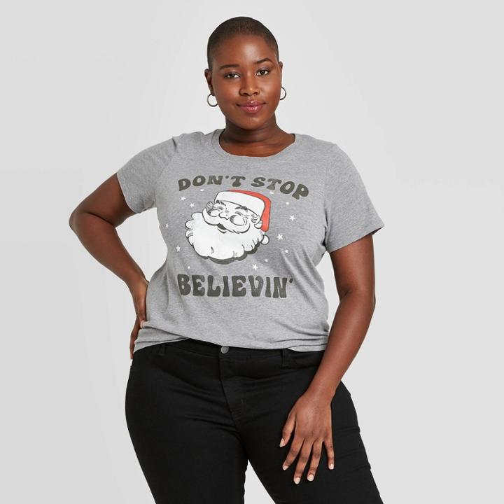 Grayson Threads Women's Plus Size Santa Don't Stop Believin' Short Sleeve Graphic T-shirt - Gray