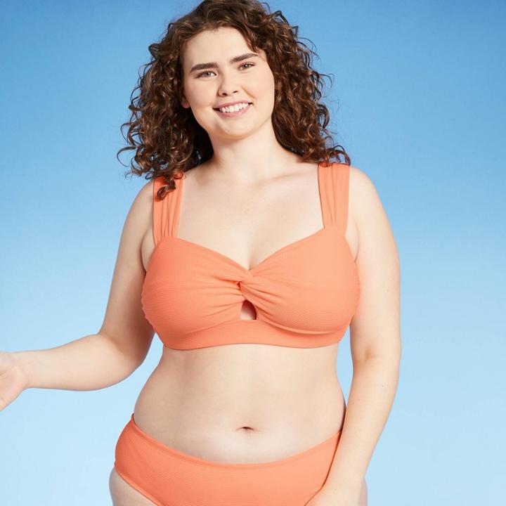 Juniors' Plus Size Textured Twist-front Bralette Bikini Top - Xhilaration Neon Orange X