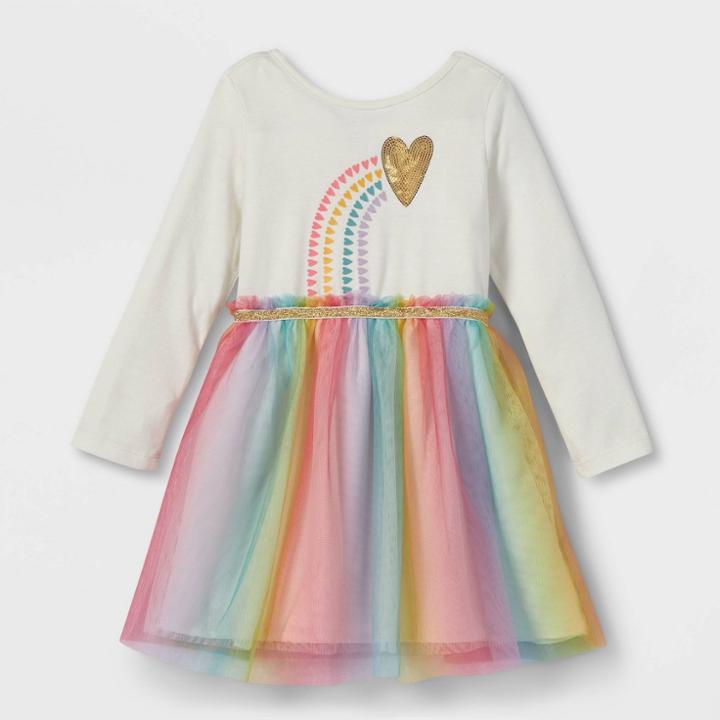 Toddler Girls' Sequin Rainbow Heart Long Sleeve Tutu Dress - Cat & Jack Cream