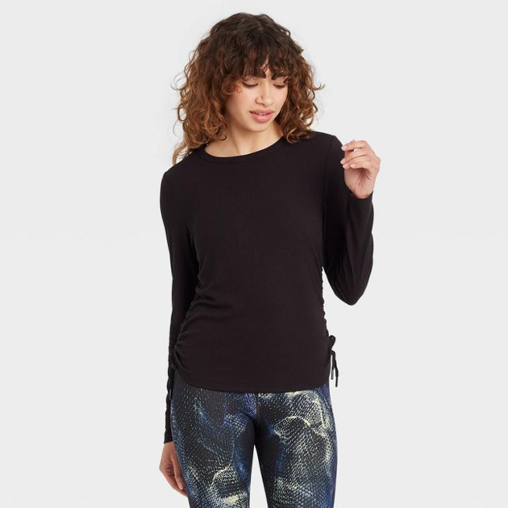 Women's Long Sleeve Ribbed Top With Side-cinch Detail - Joylab Black