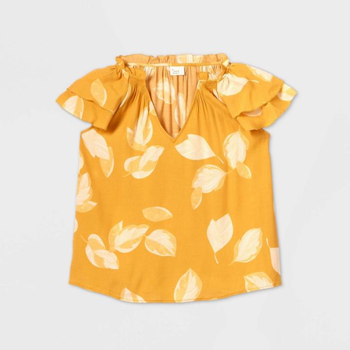 Women's Leaf Print Flutter Sleeveless Blouse - A New Day Yellow