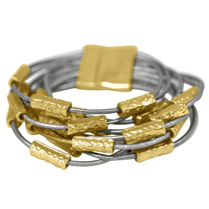 Zirconmania Zirconite Multi-strand Genuine Leather Cuff Bracelet With Textured Bar Inserts - Gray