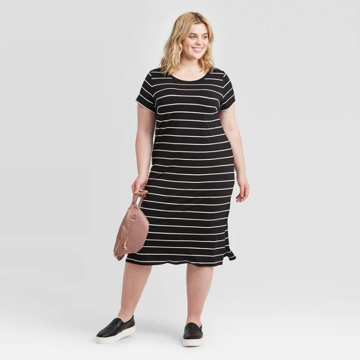 Women's Plus Size Striped Short Sleeve T-shirt Dress - Ava & Viv Black/white X, Women's, Black White