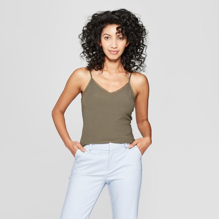 Women's Any Day Ribbed Lace Cami - A New Day Olive (green)