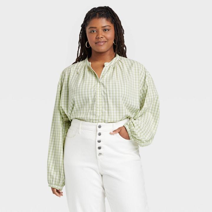 Women's Plus Size Balloon Long Sleeve Poet Blouse - Universal Thread Green Check