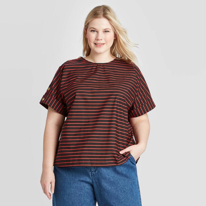Women's Plus Size Striped Short Sleeve Blouse - Who What Wear Black 1x, Women's,