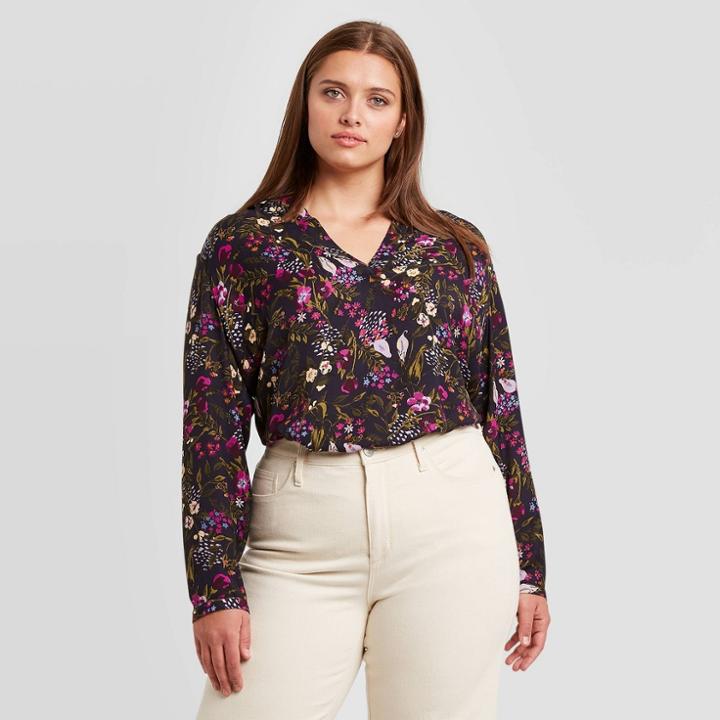 Women's Plus Size Floral Print Long Sleeve Blouse - Ava & Viv 1x,