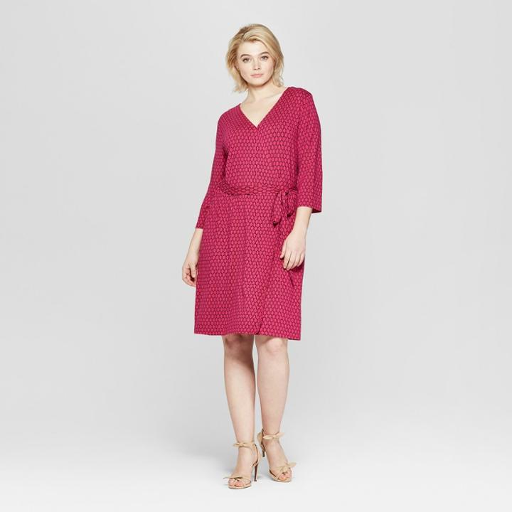 Women's Plus Size Printed 3/4 Sleeve Wrap Midi Dress - Ava & Viv Rose