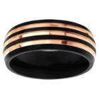 Men's Territory Two-tone Striped Wedding Band In Rose Goldplated Titanium - Black/rose Gold,