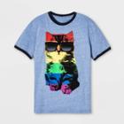 Well Worn Pride Adult Short Sleeve Rainbow Cat Ringer Gender Inclusive T-shirt - Sky Blue