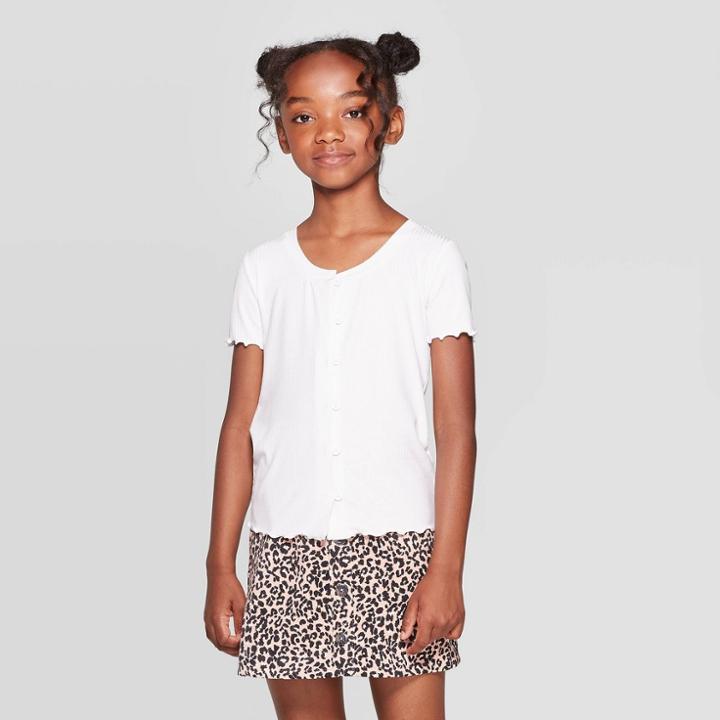 Girls' Button Front Lettuce Edge Top - Art Class White
