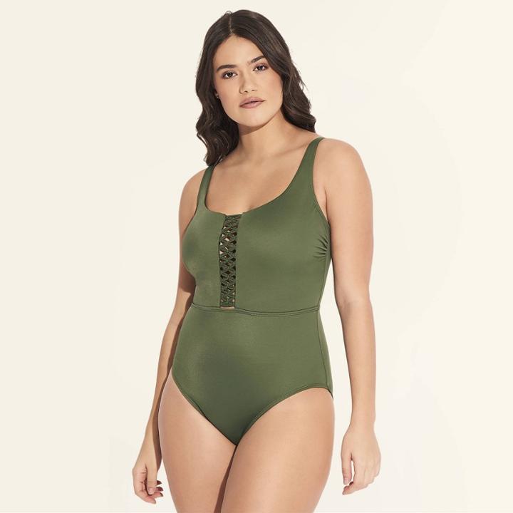 Women's Slimming Control Macrame One Piece Swimsuit - Beach Betty By Miracle Brands Olive