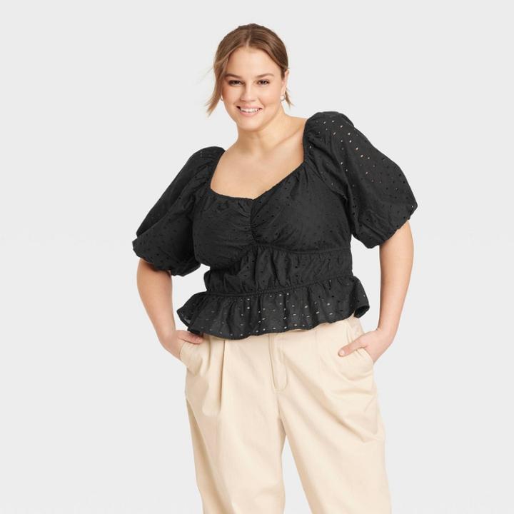 Women's Plus Size Puff Elbow Sleeve Eyelet Shirt - A New Day Black