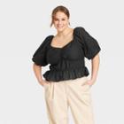 Women's Plus Size Puff Elbow Sleeve Eyelet Shirt - A New Day Black