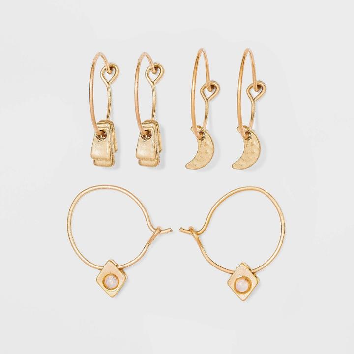 Mixed Semi-precious With Geometric And Moon Charms Hoop Earring Set 3pc - Universal Thread Worn Gold