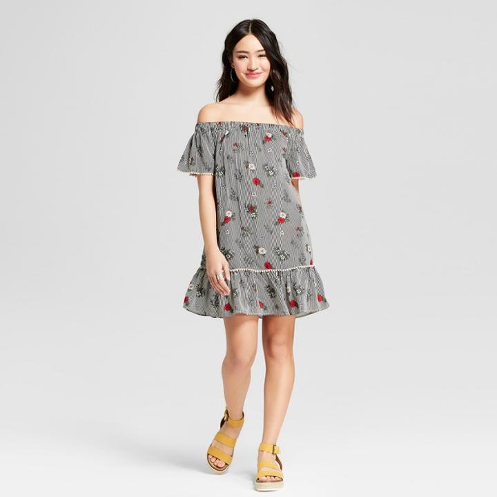 Women's Striped Floral Off The Shoulder Dress - Le Kate (juniors') Black