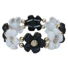 Zirconmania Women's Zirconite Daisy Flowers And Crystals Enamel And Gold Electroplated Stretch Bracelet - Black, Black/white