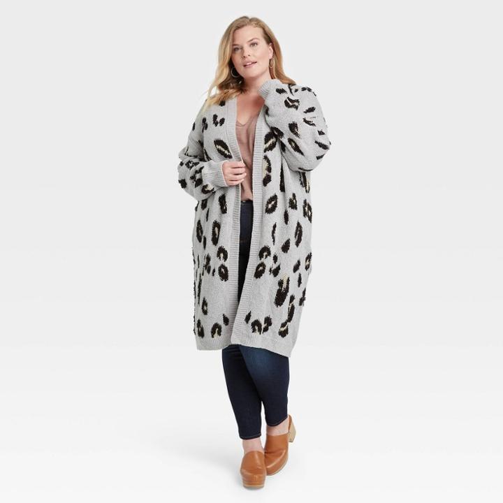 Women's Plus Size Cardigan - Knox Rose Gray Leopard Print