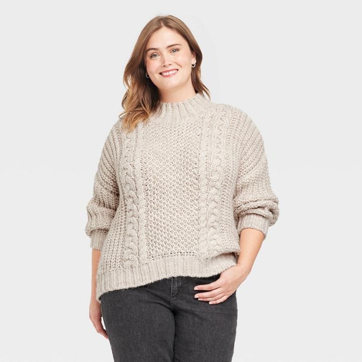 Women's Plus Size Turtleneck Cable Knit Pullover Sweater - Universal Thread Cream