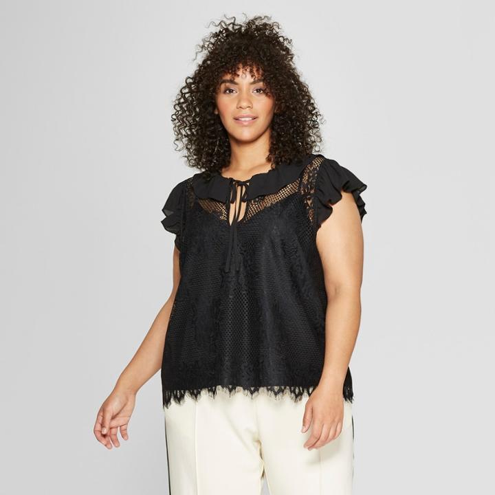 Women's Plus Size Short Sleeve Soft Ruffle Lace Shell - Who What Wear Black