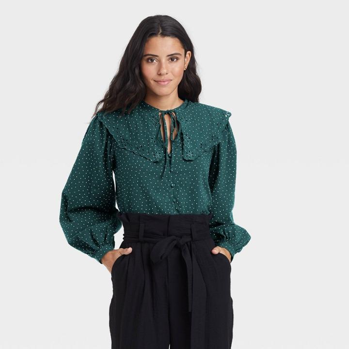 Women's Flounce Long Sleeve Blouse - A New Day Green Polka Dot