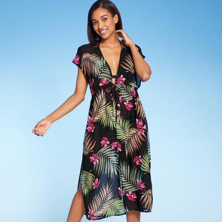 Women's Tie-front Midi Cover Up Duster - Kona Sol Black Palm Print