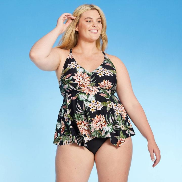 Kona Sol Women's Plus Size Plunge Racerback Sharkbite Tankini Top - Kona