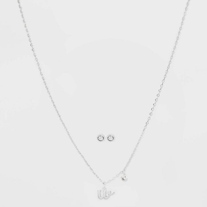 Silver Plated Cubic Zirconia Initial 'w' Chain Pendant Necklace And Earring Set - A New Day