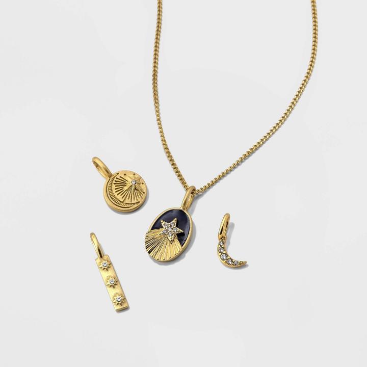 No Brand Silver Plated Gold Dipped Cubic Zirconia Star And Moon Charm Pendant Necklace Set 4pc - Navy Blue