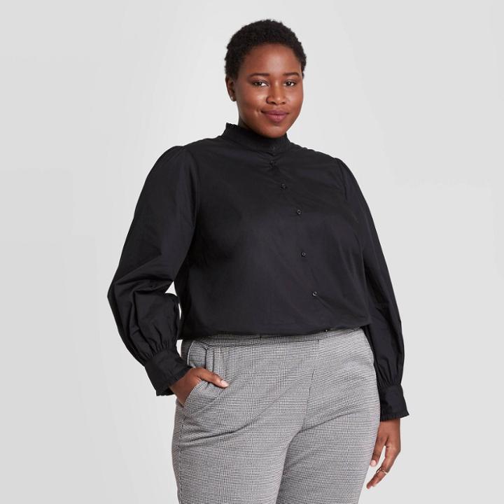 Women's Plus Size Ruffle Long Sleeve Button-down Blouse - A New Day Black
