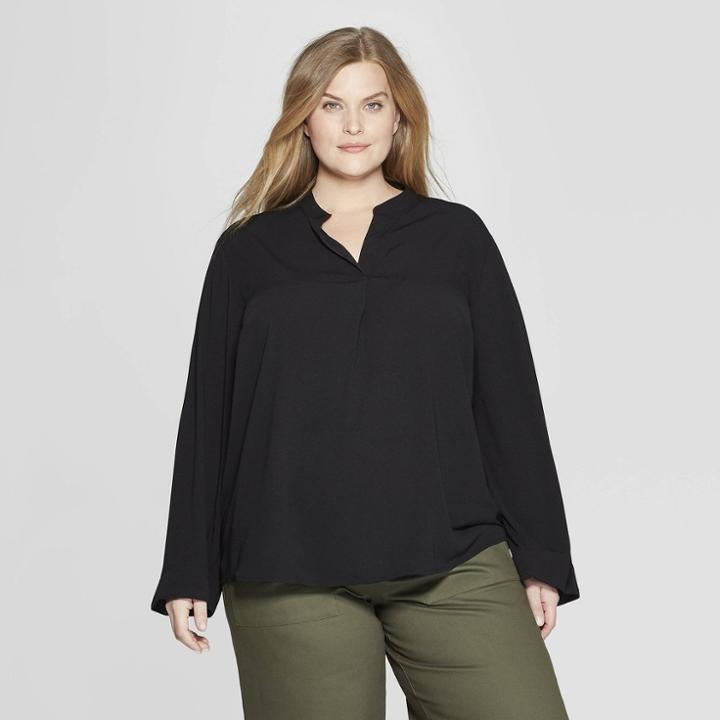 Women's Plus Size Long Sleeve V-neck Popover Blouse - Prologue Black