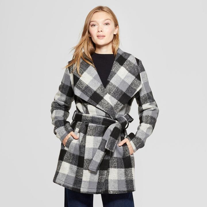 Women's Plaid Wrap Coat - A New Day Black