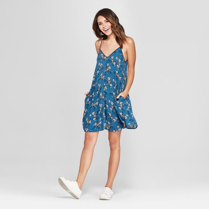 Women's Floral Print Strappy Button Front Shift Dress - Xhilaration Blue