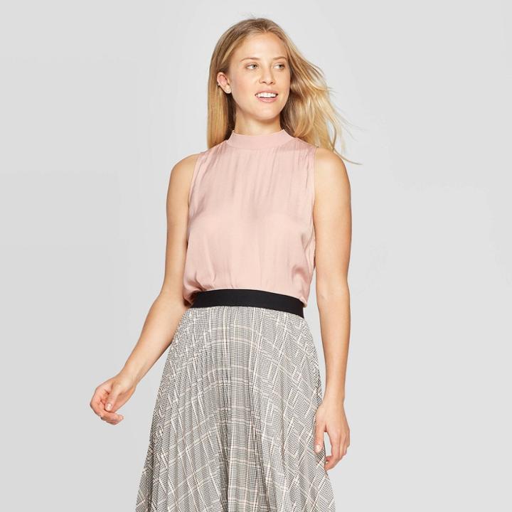 Women's Regular Fit Sleeveless Mock Turtleneck Satin Blouse - A New Day Smoked Pink