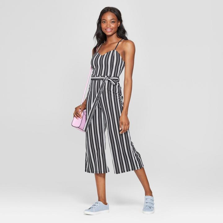 Women's Striped Sleeveless Sweetheart Neckline Jumpsuit - Almost Famous (juniors') Black/white