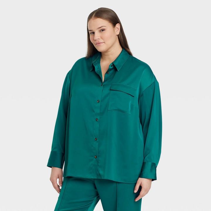 Women's Plus Size Long Sleeve Button-down Satin Shirt - Who What Wear Blue