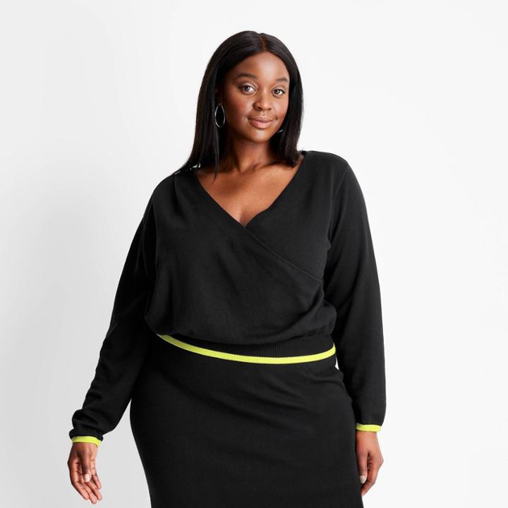Women's Plus Size Asymmetrical V-neck Pullover Crop Sweater - Future Collective With Kahlana Barfield Brown Black/lime