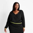 Women's Plus Size Asymmetrical V-neck Pullover Crop Sweater - Future Collective With Kahlana Barfield Brown Black/lime