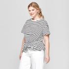 Women's Plus Size Striped Short Sleeve Twist Front With Ruched Back T-shirt - A New Day White/black X