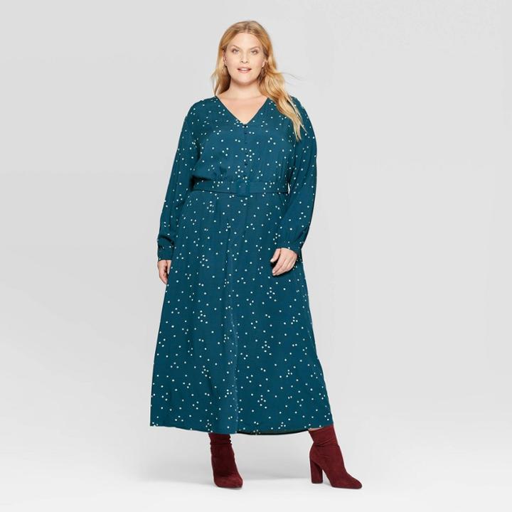 Women's Plus Size Polka Dot Long Sleeve V-neck Button Front Maxi Dress - Ava & Viv Navy X, Women's, Blue
