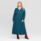 Women's Plus Size Polka Dot Long Sleeve V-neck Button Front Maxi Dress - Ava & Viv Navy X, Women's, Blue
