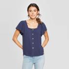 Target Women's Short Sleeve Square Neck Button Front Top - Universal Thread Navy (blue)