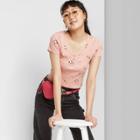 Women's Plus Size Floral Print Short Sleeve Henley Baby T-shirt - Wild Fable Pink