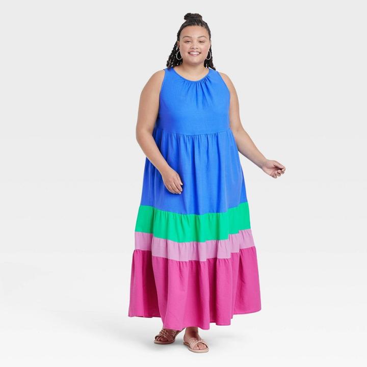 Women's Plus Size Sleeveless Colorblock Tiered Dress - Ava & Viv