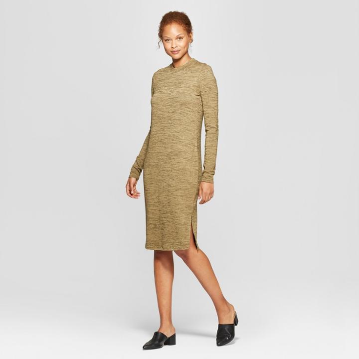 Women's Long Sleeve High Neck Knit Midi Dress - Prologue Olive (green)