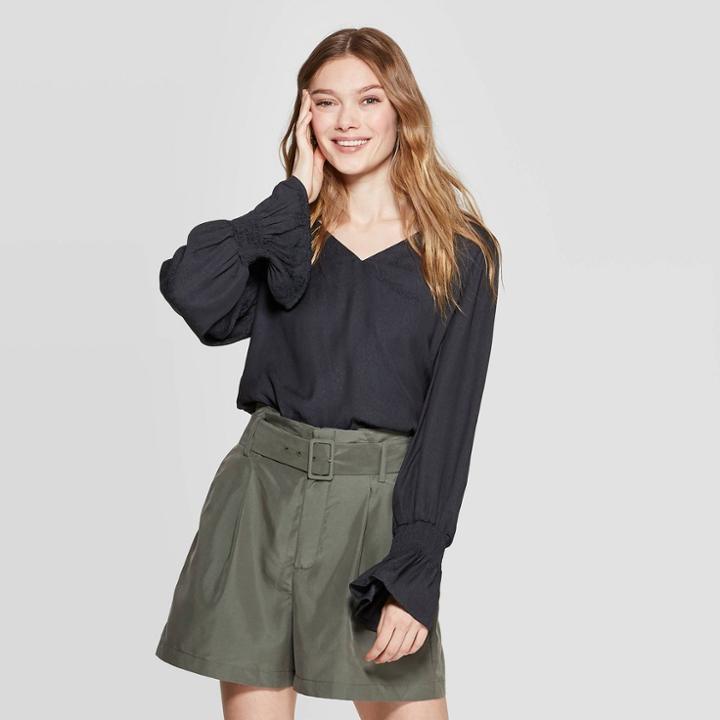 Women's Long Bell Sleeve V-neck Blouse - A New Day Black