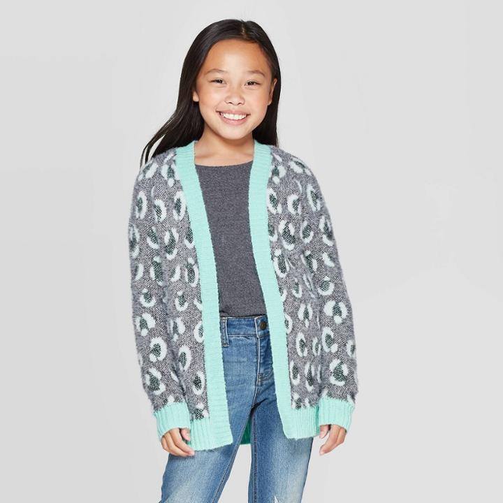 Girls' Long Sleeve Animal Print Open Layering Sweater - Cat & Jack Green