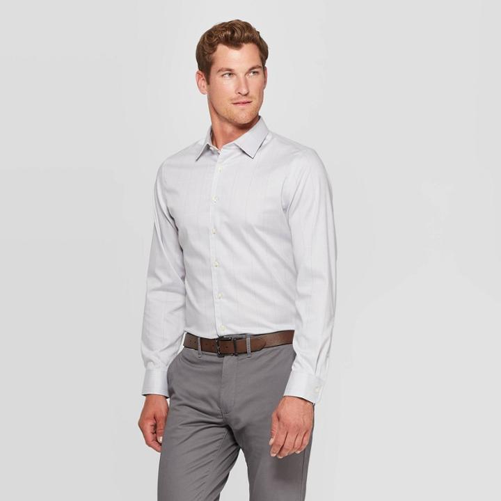 Men's Plaid Slim Fit Long Sleeve Dress Button-down Shirt - Goodfellow & Co Gray Mist M, Size: Medium, Gray Blue