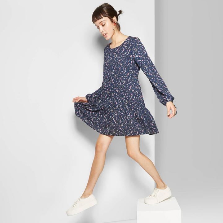 Women's Floral Print Long Sleeve Round Neck Tiered Babydoll Mini Dress - Wild Fable Navy Xl, Women's, Blue